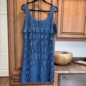 Blue Ruffle Tank Dress with Embellished Neckline